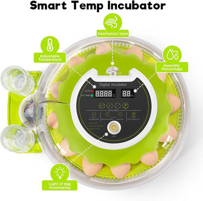 18 Egg Incubator with Automatic Turning & Humidity Control, 0.1 Precision for Chicken/Duck/Goose/Quail/Parrot Eggs (Green)