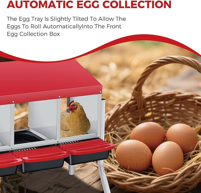 Chicken Nesting Boxes with Rollout Egg Collection – 4-Compartment Metal Hen Nest Box with Removable Trays, Slanted Roof & Ventilation, Wall Mount or Standing for Backyard Poultry Coop, Red