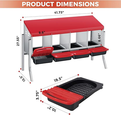 Chicken Nesting Boxes with Rollout Egg Collection – 4-Compartment Metal Hen Nest Box with Removable Trays, Slanted Roof & Ventilation, Wall Mount or Standing for Backyard Poultry Coop, Red