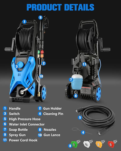Electric Pressure Washer, 2.8 GPM High Power Washer Adjustable Pressure 2500PSI-5000PSI with 33FT Extension Hose Reel, 4 Nozzles and Soap Bottle for Cars/Fences/Driveways