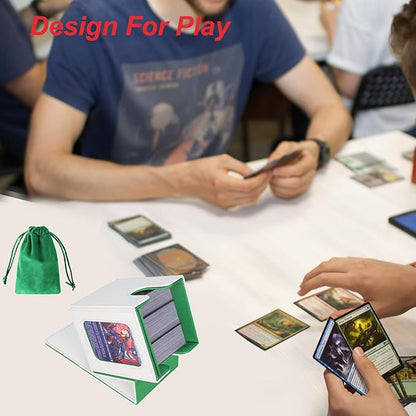 AFIING MTG Deck Box for Commander Display,Card Deck case Fits 100 Double Sleeved Cards, Magic Commander TCG Card Storage Box with 2 Dividers,Dice Bag and 1 Toploader(Whtie Green)