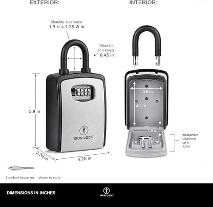 Iron Lock® XXL Portable Key Lock Box, U-Shackle 4-Digit Code (XXL, Grey) | Holds 20-30 keys plus fobs, cards & remotes; unique built-in tray; weather resistant; wall-mount hardware included