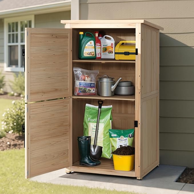MCombo 30" Deep Wood Sheds & Outdoor Storage, Outside Garden Tool Cabinet Shed with Removable Shelf, Outdoor Storage Cabinet Shed Waterproof for Patio 0786 (Natural)