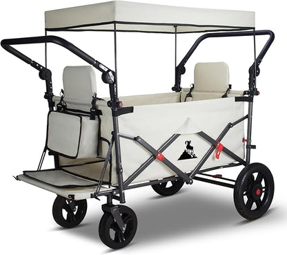 Foldable Wagon with Canopy - Collapsible Utility Cart with 2 Seats & Belts, Adjustable Handle, Expandable Front for Camping, Picnic, Shopping (Beige)