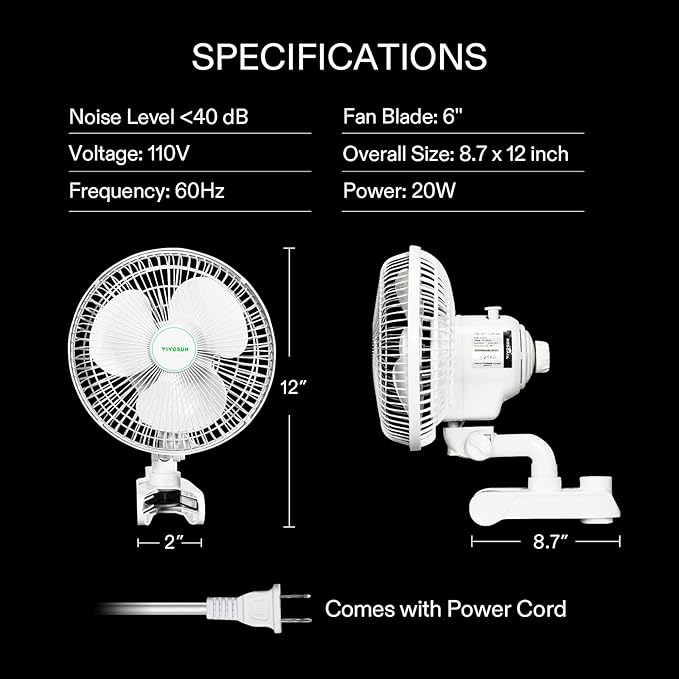 VIVOSUN AeroWave A6 Grow Tent Clip Fan, Patented Portable Auto Oscillating Fan 6" with 2-Speed, Strong Airflow but Low Noise, and Fully-Adjustable Tilt for Hydroponic Ventilation, White, 2-Pack