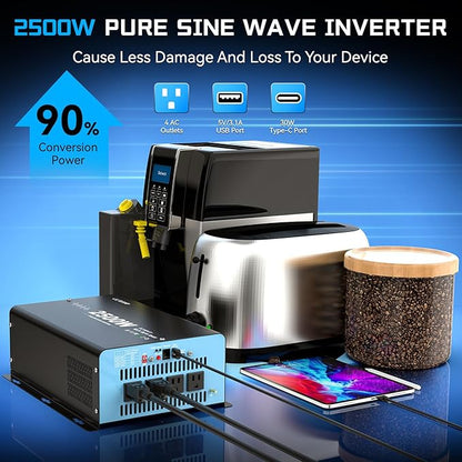 New 48V 2500 Watts Pure Sine Wave Inverter, 48V DC to 110V AC Power Inverter with 4 AC Outlets, USB Port, Type-C Port for Truck, Vehicle, Power Outage, Remote Control with LCD Screen