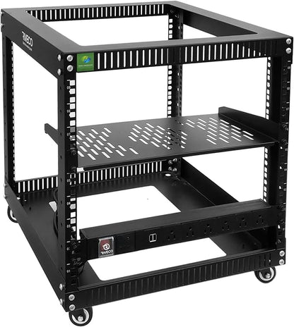 RIVECO 9U Open Frame Server Rack with Wheels + PDU (8 Outlets) Power Strip Surge Protector (1u Rack Shelf 1pcs +PDU)