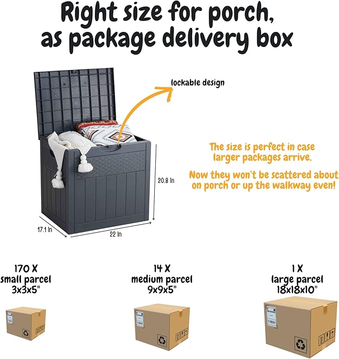 33 Gallon Deck Box, Small Outdoor Storage Box Waterproof, Lockable Secure Package Bin Delivery Box for Outside Front Porch, Patio Cushions Storage Box, Delivery Driver Snack Box for Porch, Grey