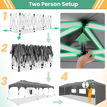 COBIZI 10x30 Pop Up Canopy Tent with 5 Removable Sidewalls, Easy Up Canopy 3 Adjustable Heights, Waterproof UPF 50+, Gazabo 10x30 Outdoor Tent for Garden Wedding Party with Roller Bag, Grey