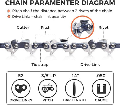 14 Inch Chainsaw Chain 3/8" LP Pitch, .050" Gauge, 52 Drive Links, Low kickback, Lubrication System Chainsaw Blade fits Craftsman, Echo, Homelite, Poulan, Ryobi, Wrox, etc (3 Pack) (91YNP-6)