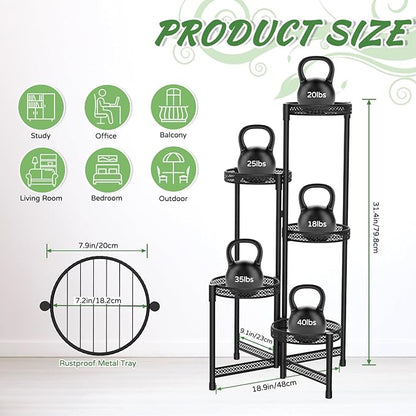 iDavosic.ly Plant Stand Indoor Outdoor, 5 Tier Corner Metal Flower Display Holder Shelf, Folding Tall Orchid Rack for Patio Balcony Porch Garden Living Room House, Wrought Iron - Modern Black