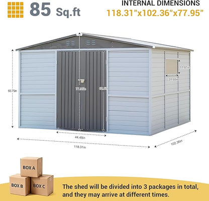 Galvanized Steel Frame & Solid Fir Wood Wall Shed | 8x10ft Outdoor Storage Shed with 10-Grade Waterproof Roof & 9-Level Wind Resistance, Lockable Double Doors & Windows for Garden, Lawn, Patio