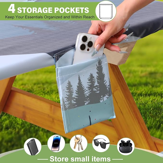 Fitted Picnic Table Cover with Bench Covers Waterproof Elastic Edges Rectangle Patio Tablecloth Outdoor Camping Essentials Stuff Rv Accessories Summer Trip Travel Supplies Party Camper Gifts, 8 ft