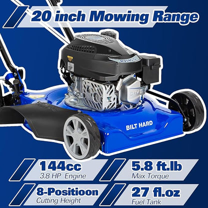 BILT HARD 20'' Push Gas Lawn Mower, 144cc 4-Cycle OHV Engine Walk Behind Lawnmower, Side Discharge with 8-Position Adjustable Cutting Heights for Lawn, Yard and Garden
