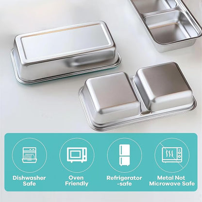 4Pcs 304 Stainless Steel Snack Containers, 2 Compartments Portable Food Storage Bento Boxes with Lids, Divided Meal Prep Lunch Box Food Container Dishwasher Safe