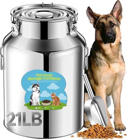 Newget 21lb Stainless Steel Dog Food Storage Container, Metal Pet Storage Container with Airtight Hangable Lid to Keep Food Fresh, Large Cat Food Storage Container with Scoop to Easily Clean