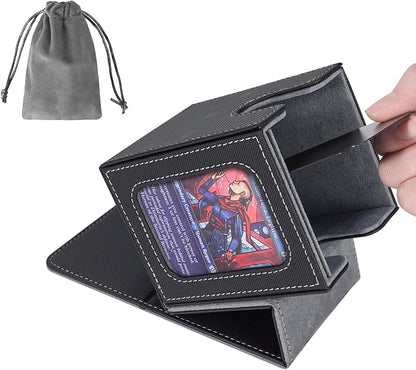 AFIING MTG Deck Box for Commander Display,Card Deck Box Fits 100 Double Sleeved Cards, Magic Commander TCG Card Storage Box with 2 Dividers,Drawstring Bag and 1 Toploader(Black/grey)