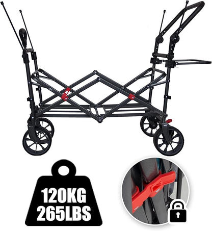 TMZ Collapsible Folding Outdoor Utility Wagon with Removable Canopy - 265lbs Heavy Duty Trolley with Rubber Wheels, Adjustable Handles, Rear Basket, for Shopping, Picnic, Camping (Turquoise/Grey)