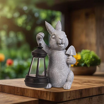 Rabbit Statue Garden Ornaments Art Outdoor Decoration with Solar Powered LED Lights Decor for Patio,Balcony,Yard, Mum Birthday Gifts, Garden Gifts for Women