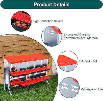 Chicken Nesting Box, 10-Hole Metal Wall Mount Chicken Laying Boxes with Legs and Lid Cover, Easy to Assemble, Roll-Away Egg Design Nesting Boxes for Outdoor Chicken Coop & Farm Yard, Red