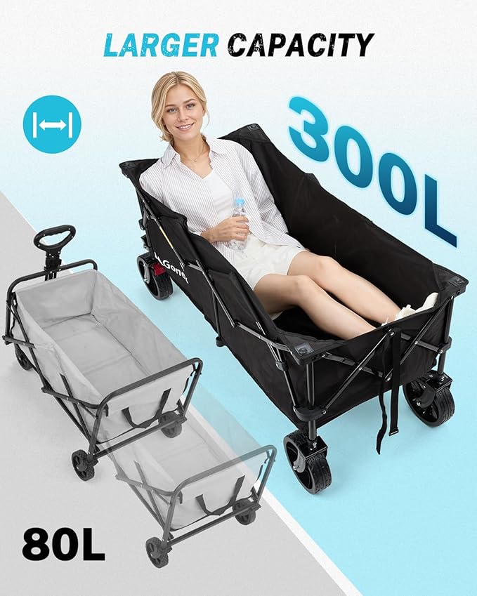Gonex 48''L Collapsible Foldable Heavy Duty Oversized Wagon with 440lbs Weight Capacity, 300L Folding Large Utility Garden Grocery Shopping Cart with 8" H All-Terrain Wheels & 2 Drink Holders - Black