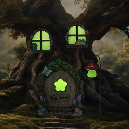 Fairy Door and Windows Garden Kit Accessories Outdoor, Glow in Dark Gnome House for Tree, Lawn Yard Art Sculpture, Miniature Garden Decor (Butterfly)