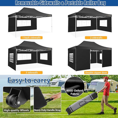 HOTEEL 10x15 Pop up Canopy Tent for Parties, Heavy Duty Easy Setup Tent with 4 Sidewalls, Outdoor Commercial Instant Gazebo for Wedding Event, with Roller Bag & Sand Bags, Black(Hexagonal Frame)