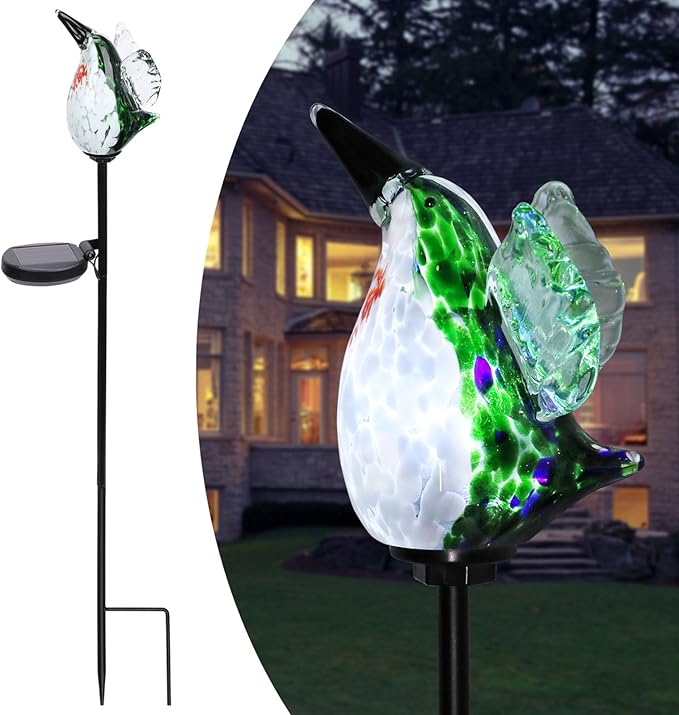 Afirst Decorative Solar Lights Outdoor Solar Hummingbird Stake Lights Hand Blown Glass Decorative Garden Pathway Light Outdoor Waterproof Glass Stakes Green