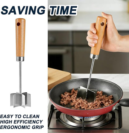 Stainless steel Meat Chopper, 6 Curve Blades Ground Beef Smasher,Potato Masher Utensil,Heat-Resistant Hamburger Meat Smasher,Heavy Duty Wooden Handle
