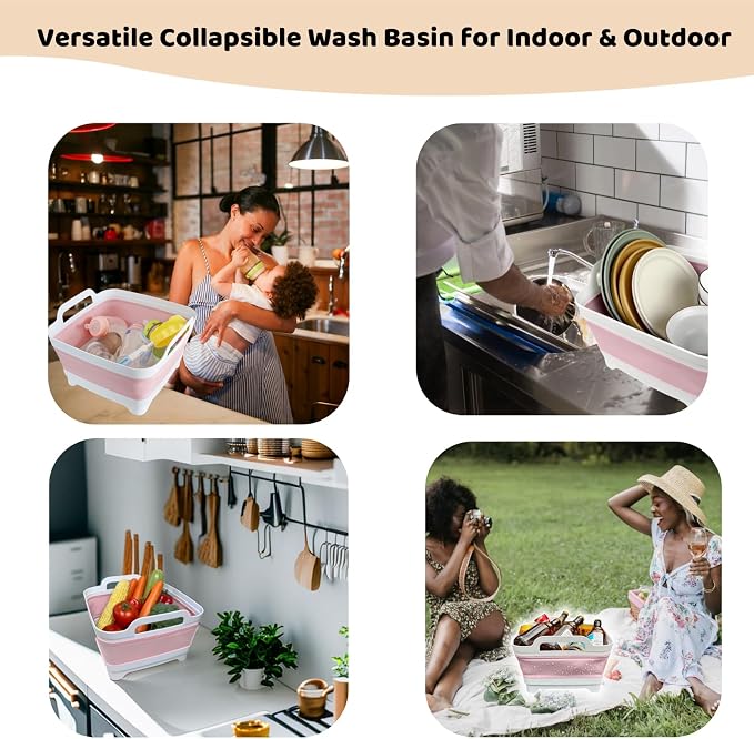 Collapsible Wash Basin for Baby Bottles - 2.4 Gallons Portable Wash Bin for RV Camping Sink, Space-Saving Dish Tub (Pink)