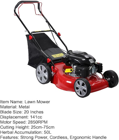 Self Propelled Gas Lawn Mower | 141cc 4-Stroke Gas Engine Lawn Mower | Walk-Behind Lawn Mover Cordless Push Lawn Mowers Tractors with 50L Grass Tank | 20L Grass Catcher, Foldable Design Red