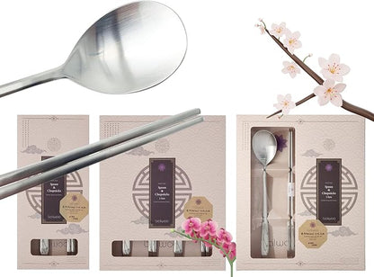 [1 Set] [Made in Korea] Orchid Design Korean Style Sticky Rice Spoon Chopsticks Set Silverware Set 304 Stainless Steel Cutlery Set Soup Spoon Ramen Chopsticks Flatware (1 Set)