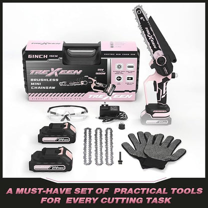 Mini Chainsaw, 6-Inch Electric Chainsaw Cordless, Upgraded 900W Brushless Portable Handheld Small Chain Saw with Auto Chain Regulator & Auto Oiler for Wood Cutting/TreeTrimming/Courtyard (Pink)