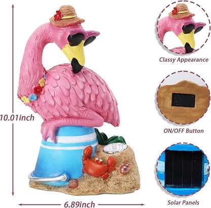 Flamingo Garden Statue Outdoor Decor, Resin Garden Flamingo Figurine Sculpute with Solar Lights for Yard Porch Lawn Decorations, Outdoor Statues Housewarming Flamingo Gifts for Women