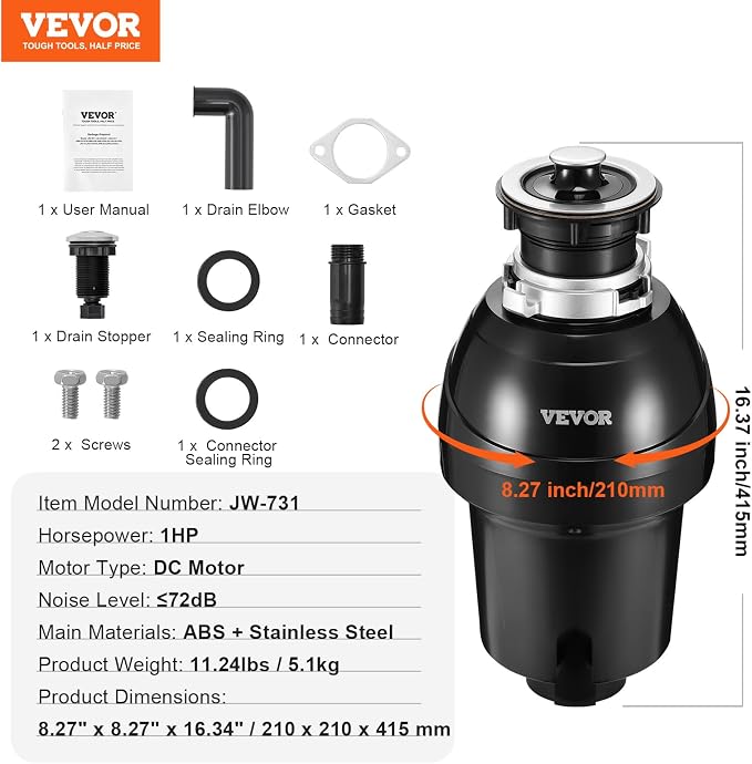 VEVOR Garbage Disposal, 1HP 3270RPM DC Motor, Continuous Feed Food Waste Sink Disposer, EZ Connect Food Waste Grinding System with Sound Reduction, Power Cord and Splash Guard, for Kitchen