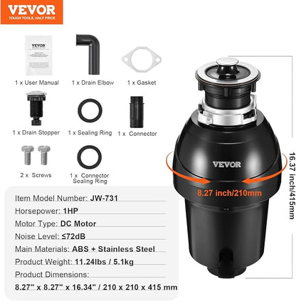VEVOR Garbage Disposal, 1HP 3270RPM DC Motor, Continuous Feed Food Waste Sink Disposer, EZ Connect Food Waste Grinding System with Sound Reduction, Power Cord and Splash Guard, for Kitchen