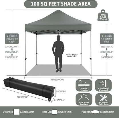COBIZI 10x10 Pop Up Canopy with 4 Sidewall,Heavy Duty Canopy UPF 50+ All Season Wind Waterproof Commercial Outdoor Wedding Party Tents for Parties Canopy Gazebo with Roller Bag(10 x 10 ft Gray)