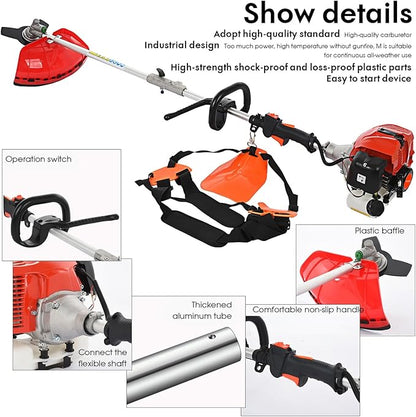 Weed Eater Gas Powered, 52CC Brush Cutter, 2-Stroke Handheld Cordless Chainsaw Hedge Pruner for Home, Yard, Garden Red