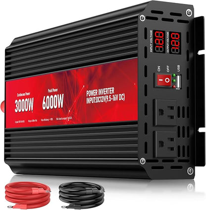 3000W Power Inverter,12V DC to AC 110V120V Peak Power 6000W with 2AC Outlets and 2.4USB Port,LCD Display Car Inverter for Outdoor Activities,Emergency