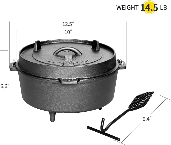 EDGING CASTING Pre-Seasoned Cast Iron Dutch Oven With Skillet Lid, Outdoor Camping Deep Pot for Camping Fireplace Cooking BBQ Baking Campfire, Leg Base, 4.5 Quart