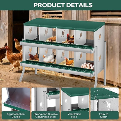 Nesting Boxes for Chickens, 8 Compartments, Nesting Boxes with 4 Dummy Eggs and 10 Dampproof Pets Mats, Green, Stainless Steel, Wall-Mountable & Roll Away Design with Stand