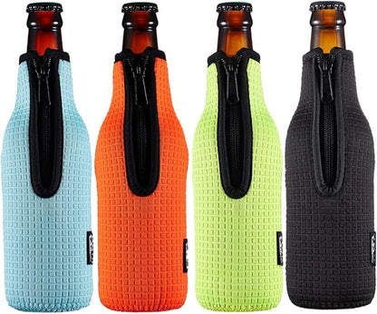 Beer Sleeve Insulators 12oz 330ml Standard Bottle Cooler Covers Zip-up Jacket Holder Non-slip Thick Neoprene Sleeves 4PC Pack (Orange/Green/Black/Light Blue)