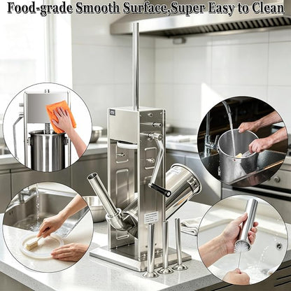 CTJ Sausage Stuffers Stainless Steel Sausage & Churro Maker 5L/11Lb,Silver | Manual 2 in 1 Sausage Stuffer & Churro Maker, 2-Speed Adjustable Vertical Sausage Maker, 4 Stuffing Tubes & Churros Nozzle