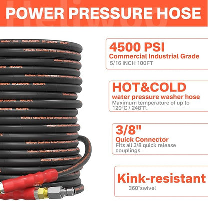 5/16" Pressure Washer Hose 100 FT, Hot and Cold Water Power Washer Hose Max 140°F, Commercial Industrial Grade Steel Wire Braided Kink Proof Extension Hose -4500 PSI