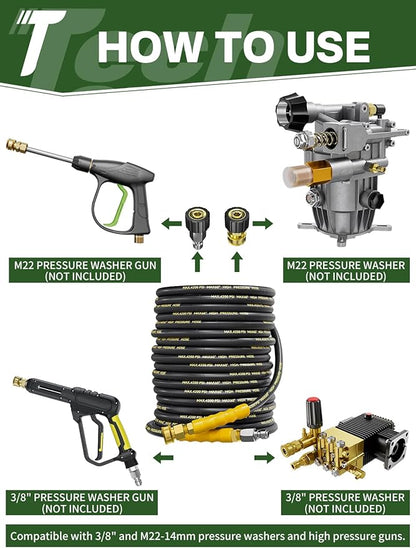 4200PSI Pressure Washer Hose 50FT with 3/8" Swivel Quick Connect for Cold/Hot Water, Kink Resistant Steel Wire Braided, Wear Resistant Power Washer Hose with 2 M22 14mm Adapter Set