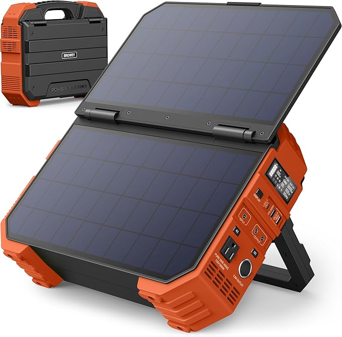 BROWEY Portable Power Station, 1000W Solar Generator with Built-in Solar Panel, 614WH/192000mAh LiFePO4 Battery Pack, AC/DC/USB/PD Outputs, for Outdoor Camping, RV Travel, Emergency Preparedness