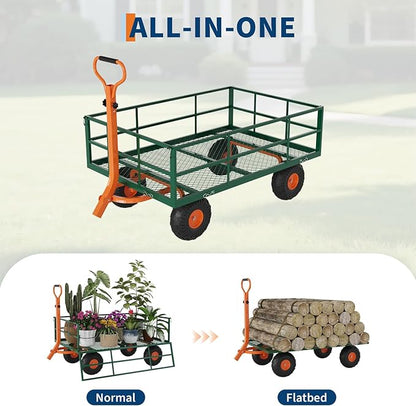 Versatile Garden Cart for Lawn and Yard with Heavy Duty Steel, 1200 Lbs Capacity Mesh Steel Garden Cart Folding Utility Wagon with Removable Side Panels, Long Handle, 10" Tires - Green and Orange