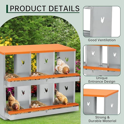 Chicken Nesting Boxes, 8 Hole Chicken Boxes for Laying Eggs with Lid, Metal Nesting Boxes for Chickens with Swing Perch and Roll Away Egg Collection for Chicken Coop, 1 Layer 3 compartments