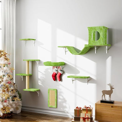 NUNU LAB Wall Mounted Cat Climber Set, 6 Pcs Cat Furniture Set with House, Bridge, Steps, Scratcher Board and Hammock, Shelves for Indoor, Luxury Walls Furniture, Light Green