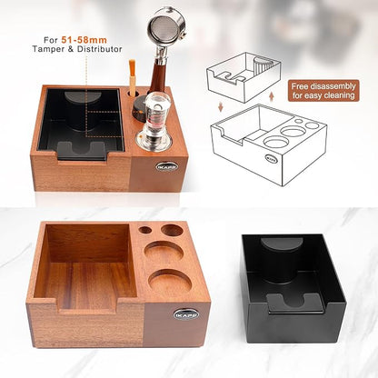 IKAPE 51/53/54/58mm Espresso Knock Box, Sandywood Coffee Station, Tamper Tools, Distributor, Portafilter & Puck Screen Accessories, Natural Sandywood Station Base
